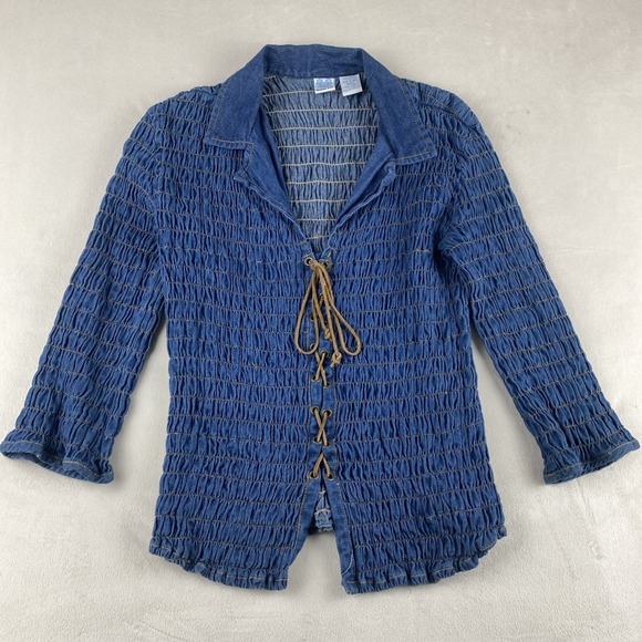 Andrew & Co Women's Blue Denim Shirred Lace up Blouse Small 3/4 Sleeve Western - Picture 2 of 8